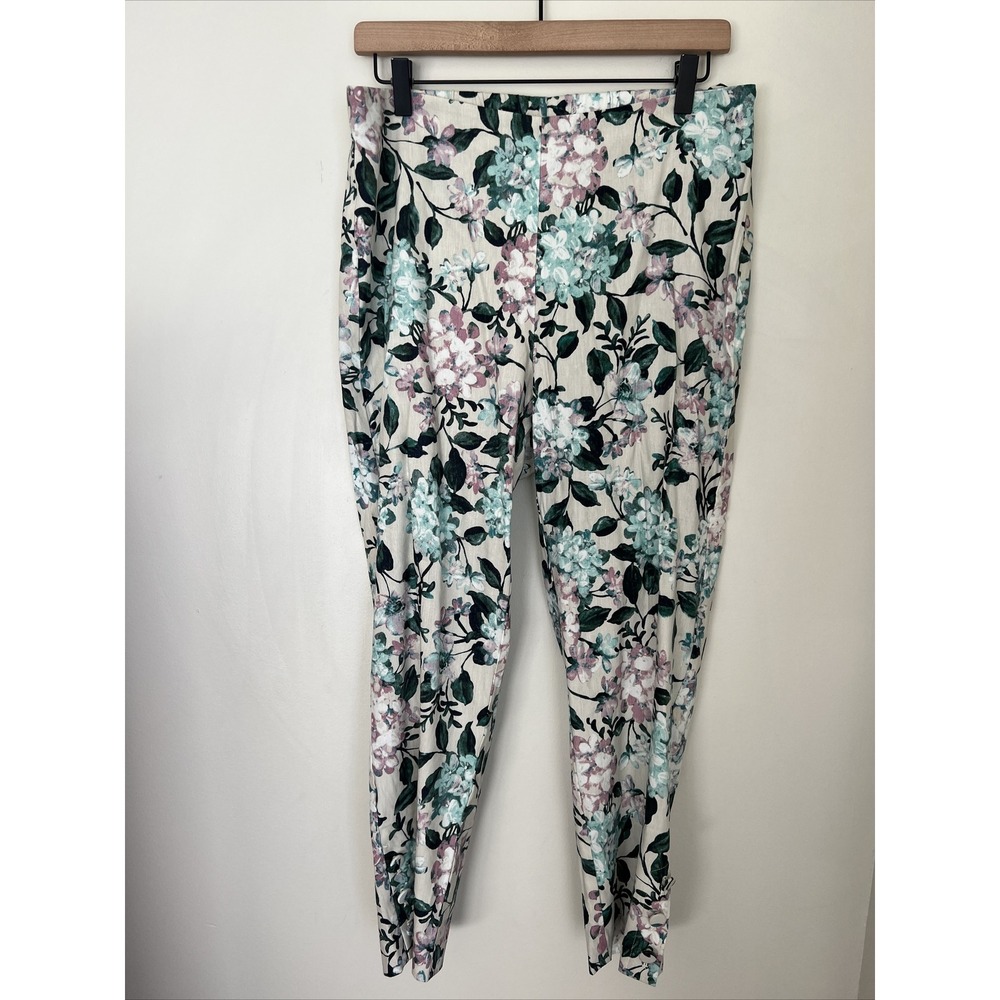 J.Jill Linen Stretch Crop Pants Womens Size M Oatmeal Floral Side Zip NEW Summer